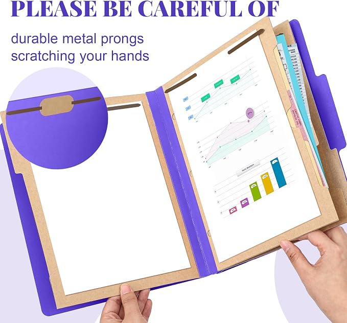 Skyygemm 12 Pcs Classification Folders 3 Pocket Dividers Letter Size Employee File Folder with 2 Prong Fasteners 2 in Expansion Pressboard Medical Document Organizers Bulk for School Office(Purple) - Image 3