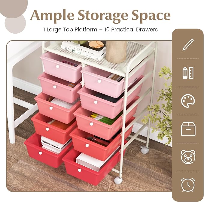 COSTWAY 10 Drawer Rolling Storage Cart, Utility Cart with Lockable Wheels | Mobile Art Supply Craft Organizer with Metal Frame, Multipurpose Drawer Cart for Paper for Office, School, Mixed Pink - Image 4