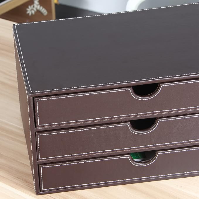 Stackable 3-Drawer Desk Organizer, Executive Office Supplies Desktop Filing A4 File Cabinet/Holder, Leather Storage Box for Document/Paper/Home Decor Accessories (brown)… - Image 6
