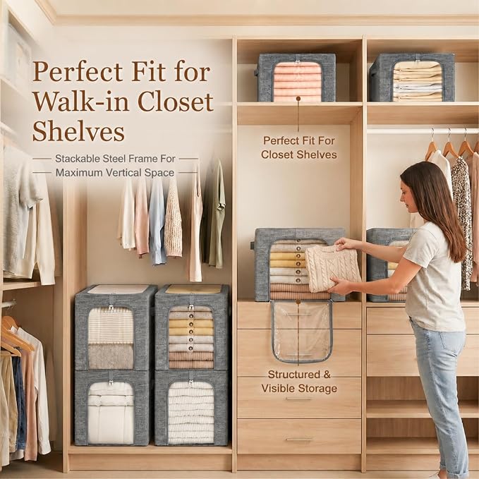 GoMaihe Clothes Storage Bins with Metal Frame for Closet, 40L 6-Pack Grey | Sweaters Hoodies Jeans T-Shirt, Closet Top Shelf Organizer, Steel Frame Collapse-Proof, Stackable, Clear Window, Dual Access - Image 8
