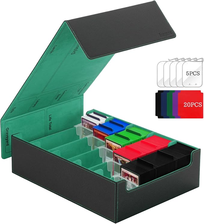 5 Row Trading Card Storage Box, 3800+Bulk Card Organizer Box with 20 Dividers & 5 Supporters, Graded Card Deck Box for YuGiOh, MTG, TCG Black/Green by Stepane