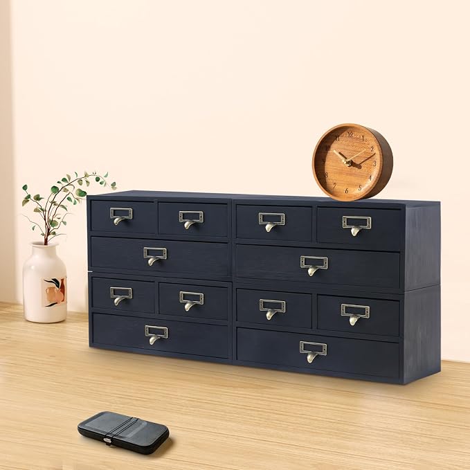 4-Pack Wooden Storage Box with 3 Drawers, Vintage Desktop Organizer Apothecary Cabinet Stackable Drawers with Label Holders for Herb Storage, Tea Collection, Stationery - Image 4