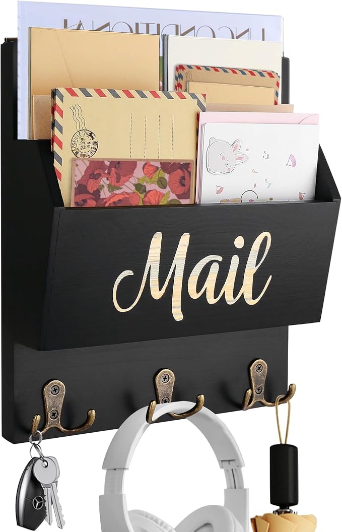 Mail Organizer Wall Mount, Wooden Mail Sorter Wall Mounted with 3 Double Hooks, Mail Letter Holder and Key Holder for Home Entryway Hallway Office Room Wall Decorative by Siondoux