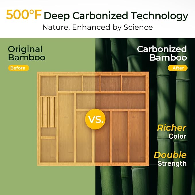 keechee Carbonized Large Bamboo Kitchen Drawer Organizer, 12 Slots Expandable Silverware Organizer, Utensil Holder & Cutlery Tray, 2.5" Deep for Extra Capacity, Non-Slip Feet Included - Image 4
