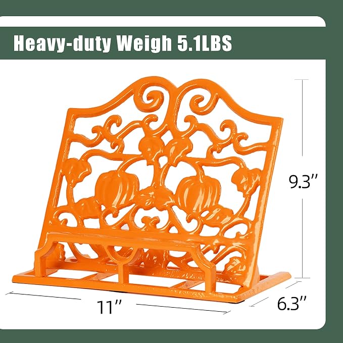 Vintage Cookbook Stand, Robust Wrought Cast Iron Recipe Book Holder for Kitchen Counter, Large Metal Cook Book Stand with Pumpkin Design, Orange - Image 6