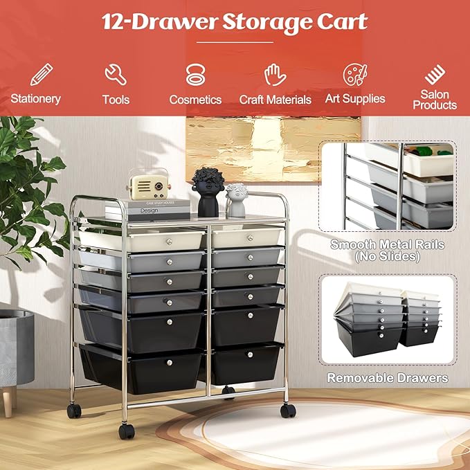 GOFLAME 12-Drawer Rolling Storage Cart, Multipurpose Organizer Cart with 2 Sizes Plastic Drawers, Mobile Utility Cart with Lockable Casters for School, Home Office, Beauty Salon, Gradient Grey - Image 4