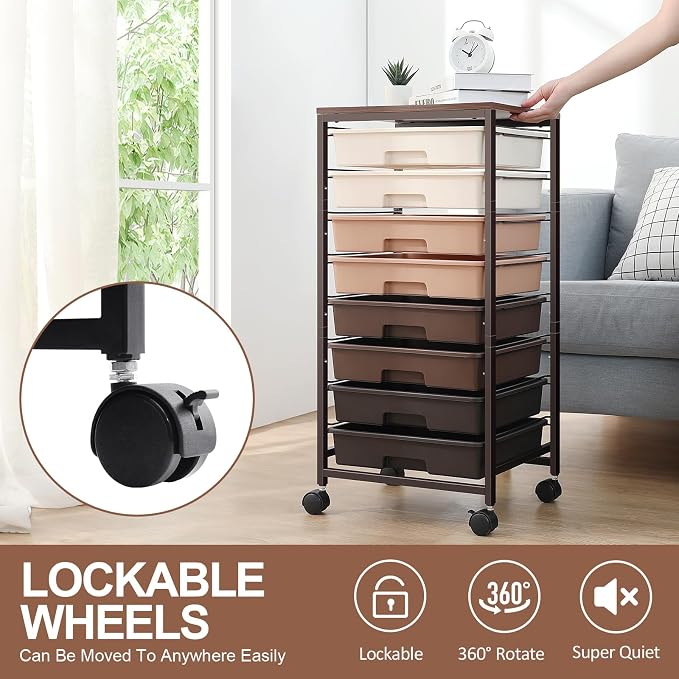 SYKIARIOL Rolling Cart with Drawers, 8 Drawers Utility Cart, Brown Gradient | Craft Organizers and Storage Cart with Wooden Top for Living Room,Classroom,Bedroom,Dorm,Home Office - Image 4