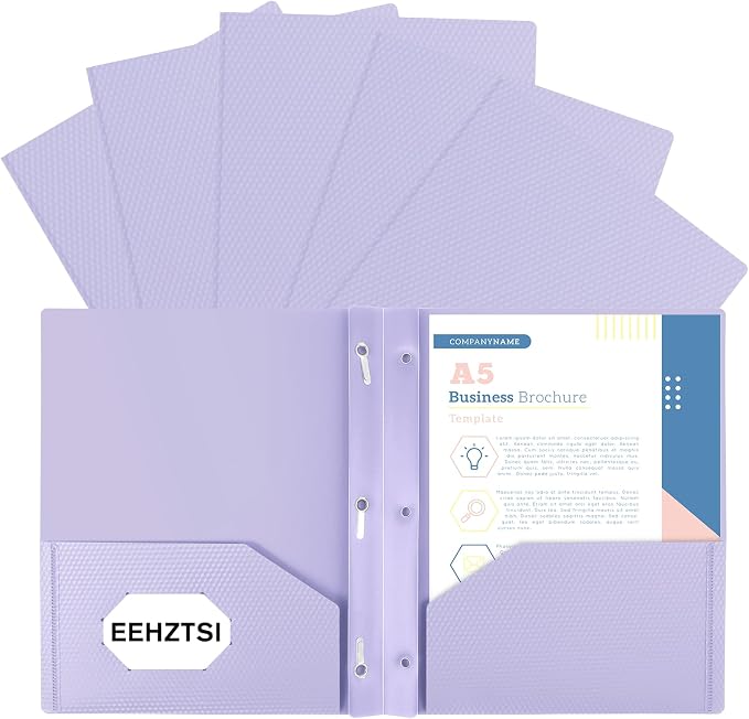 6-Pack Plastic andPockets and Prongs,2-Pocket and3 Fasteners, Pastel Folders Holds 8-1/2" x 11" Paper for School/Office/Home, Purple by EEHZTSIOFFICE