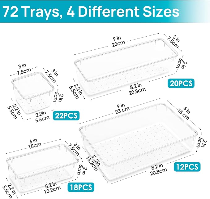 Vtopmart 72 PCS Clear Plastic Drawer Organizers Set, 4-Size Versatile Bathroom and Vanity Organizer Trays, Non-Slip Storage Containers for Makeup, Jewelries, Bedroom，Kitchen Utensils and Office | 4-Size Versatile Makeup Organizer, Non-Slip Storage Cont... - Image 6