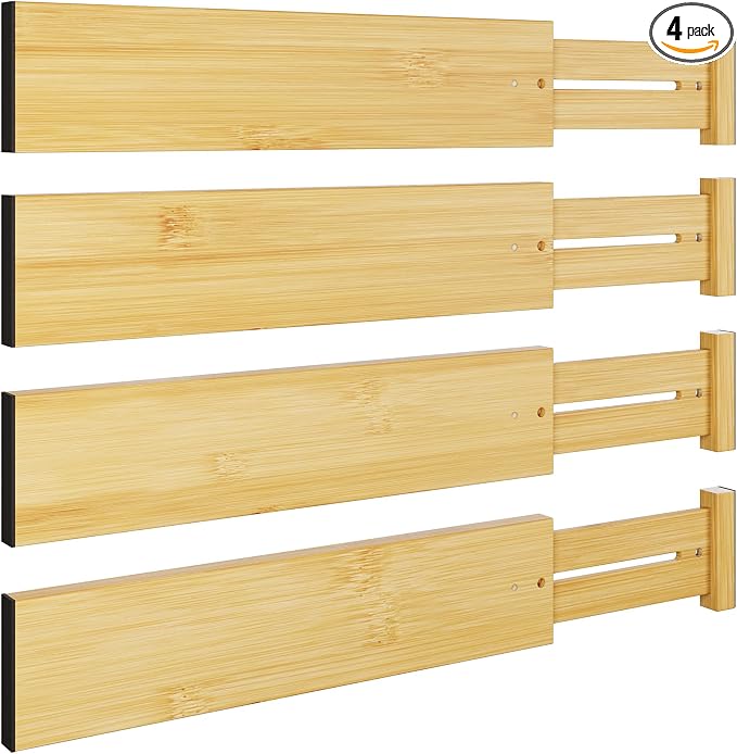 BAMEOS Bamboo Expandable Drawer Dividers – Fits 13.3"–19" Drawers, 3" Deep Walls, Set of 4 | Spring-Loaded Separator for Deep Kitchen & Bathroom Drawers, Prevents Items Falling Over by BAMEOS