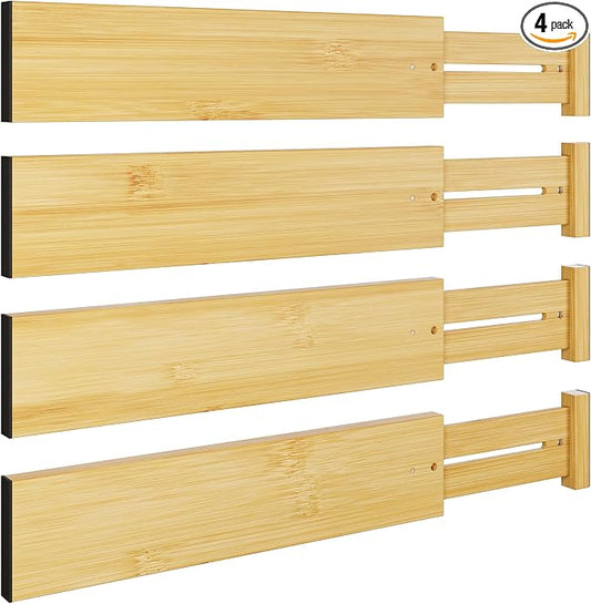 BAMEOS Bamboo Expandable Drawer Dividers – Fits 13.3"–19" Drawers, 3" Deep Walls, Set of 4 | Spring-Loaded Separator for Deep Kitchen & Bathroom Drawers, Prevents Items Falling Over by BAMEOS
