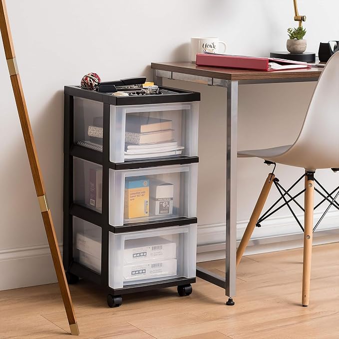 IRIS USA 3-Drawer Rolling Storage Cart, Black/Clear | Keep craft supplies, office essentials, classroom items, and accessories organized with easy-access drawers for daily use - Image 2