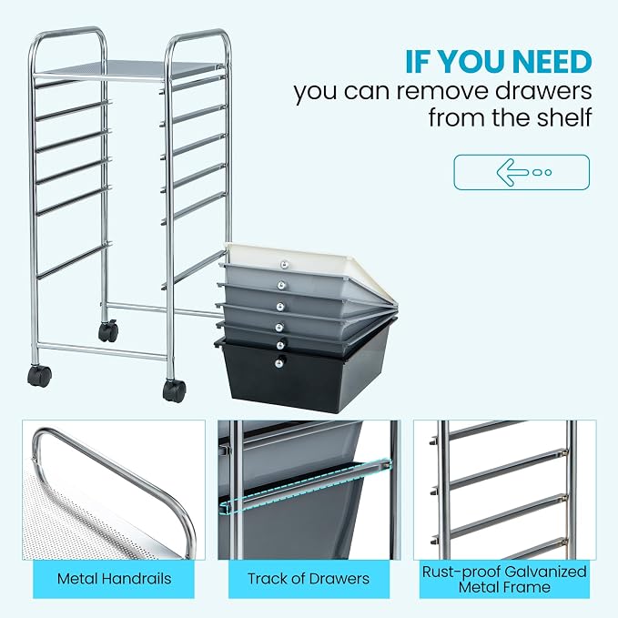COSTWAY 6-Drawer Rolling Storage Cart, Art Craft Tools Organizer on Wheels | Multifunctional Heavy Duty Utility Mobile Storage Trolley w/ 2 Lockable Wheels for Home Office School (Mixed Black) - Image 5