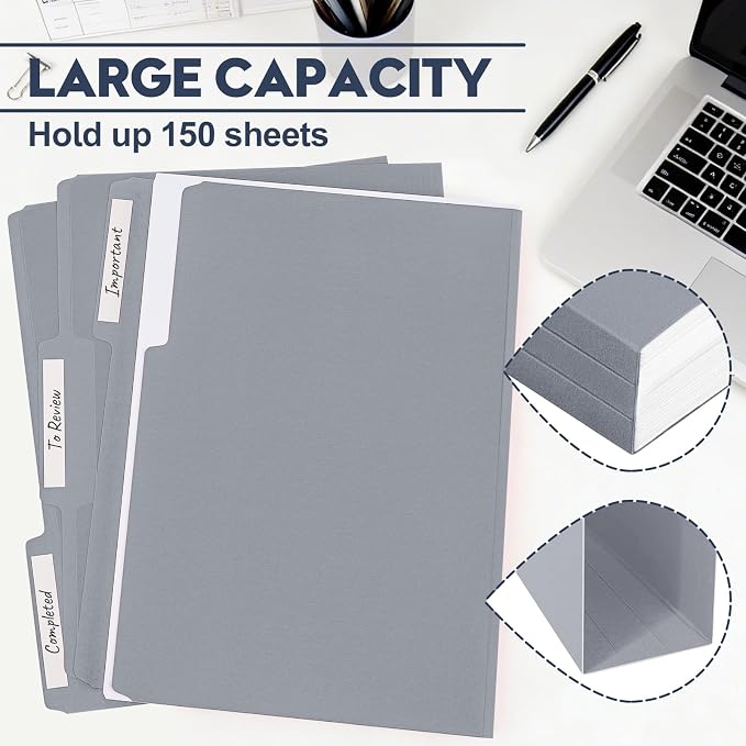 File Folders,150 Pack 1/3 Cut Tab Bulk Colored File Folders,Letter Size 8.5" x 11",Durable Paper Folders with Blank Labels for Office Business School Home Use,Cold Gray - Image 4