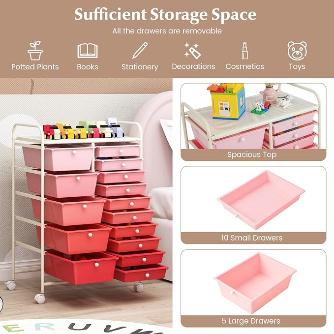COSTWAY 15 Drawer Rolling Storage Cart, Mobile Storage Organizer | Removable Drawers & Metal Frame, Multipurpose Utility Tools Paper Organizer on Wheels for Home, Office (Mixed Pink) - Image 4