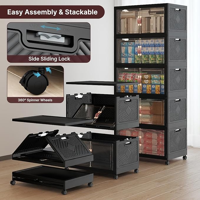 Stackable Storage Bins, 560QT Collapsible Drawers with 1 Lid | Large Capacity, Magnetic Door, Stack Lock, Rolling Wheels, Foldable Design, Organizers and Storage for Bedroom Dorm Garage - Image 4