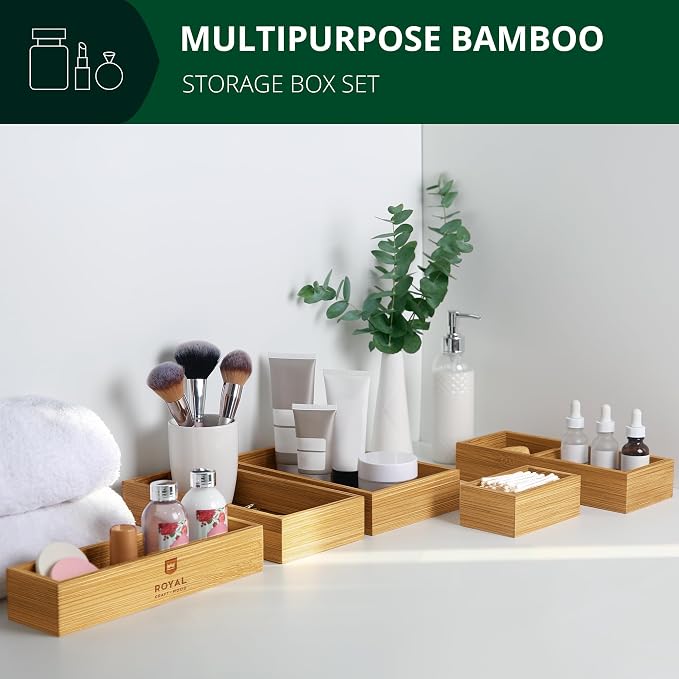 ROYAL CRAFT WOOD Premium Carbonized Bamboo Decorative Boxes - Drawer Organizer Set (5-Piece) – Wood Storage Boxes for Kitchen, Bathroom, Office & Makeup - Image 7