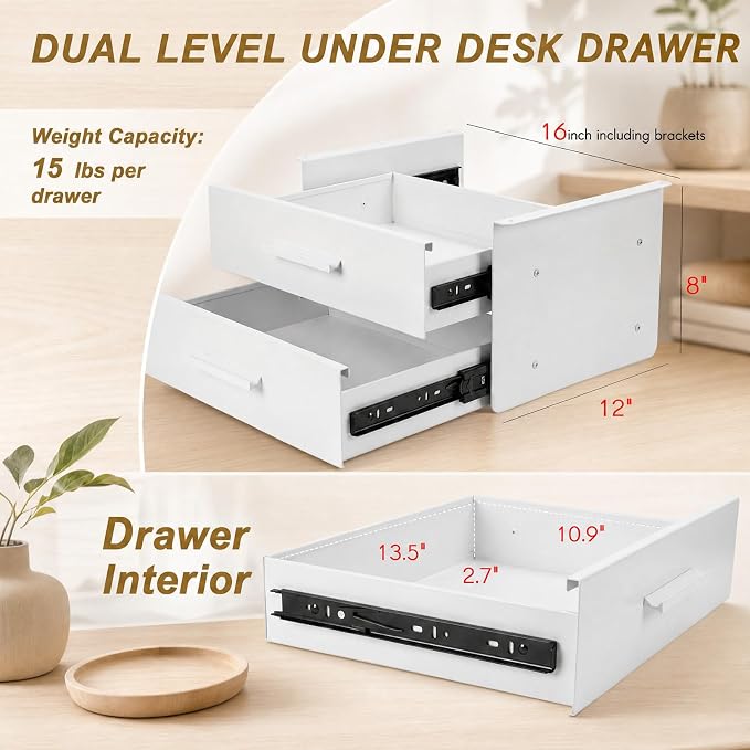16'' Under Desk Drawer Slide-out Steel Under Counter Drawers Storage Organizer Large Hidden Pull-out Tray for Table Desks Home Office Workstation(White,2 Layer) - Image 2
