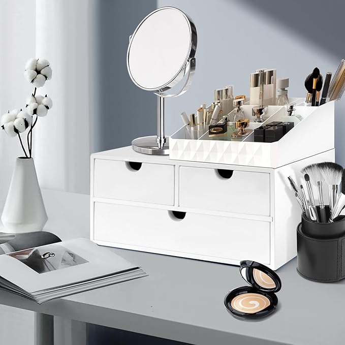 Charmewooden desk organizer with drawers countertop drawer organizer Tabletop Storage Organization Box Home Office Workspace Bathroom Toiletries Supplies (white) - Image 3