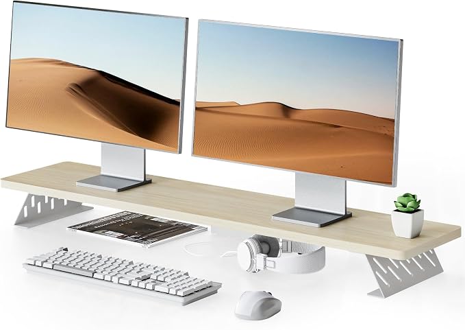 Fenge Monitor Stand Riser, Wooden & Metal Desk Shelf Organizer, Oak | 42.5 Inch Dual Monitor Riser for 2 Monitors, Multifunctional Monitor Shelf for Laptop, PC, Printer by Fenge