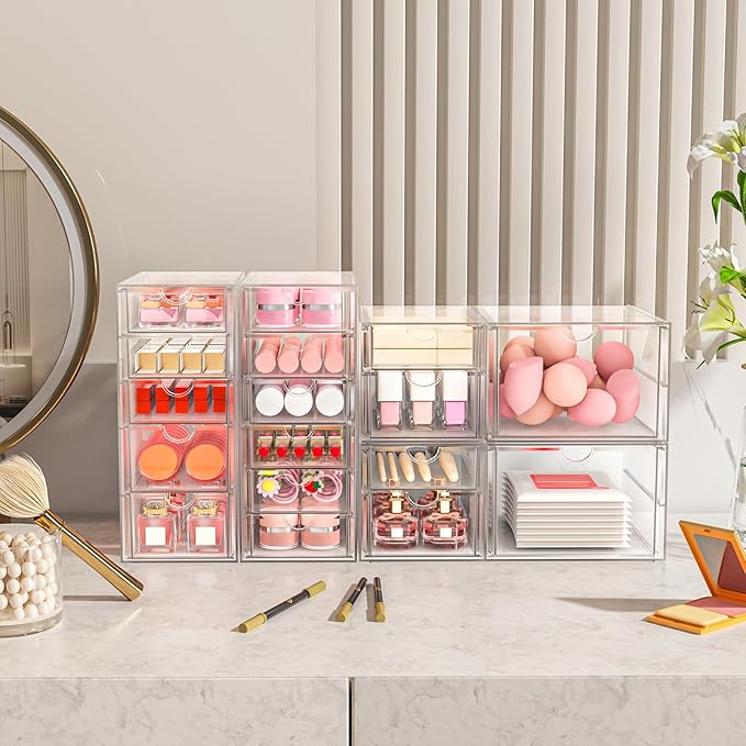 ARSTPEOE 17-Drawer Acrylic Storage & Makeup Organizer for Desk, Bath | Smooth-glide drawers, clear acrylic, 4-set stackable, dustproof, wipe-clean, for serum samples, sheet masks, bobby pins - Image 2