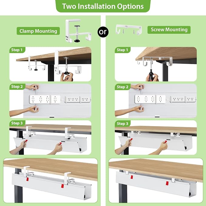 KEEGH Large No Drill Under Desk Cable Management Tray 36 in, White | Clamp/Screw Mount, Supports Up to 70lbs, Fabric Wire Management Gaming/PC Cable Raceways, Cord Hiders for Office/Home - Image 6