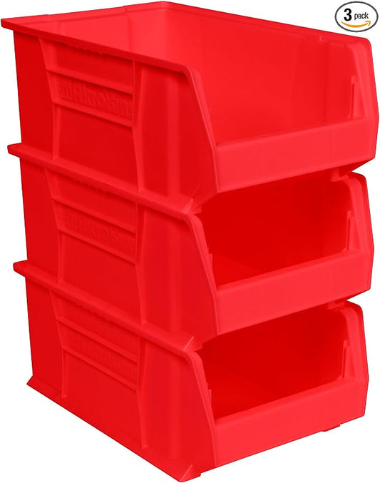 Akro-Mils 30281 Super-Size AkroBins Plastic Storage Bins, Space-Saving Stackable Bins for Garage, Classroom, Warehouse Organization, 20" L x 12" W x 8" H, Red, 3-Pack by Akro-Mils