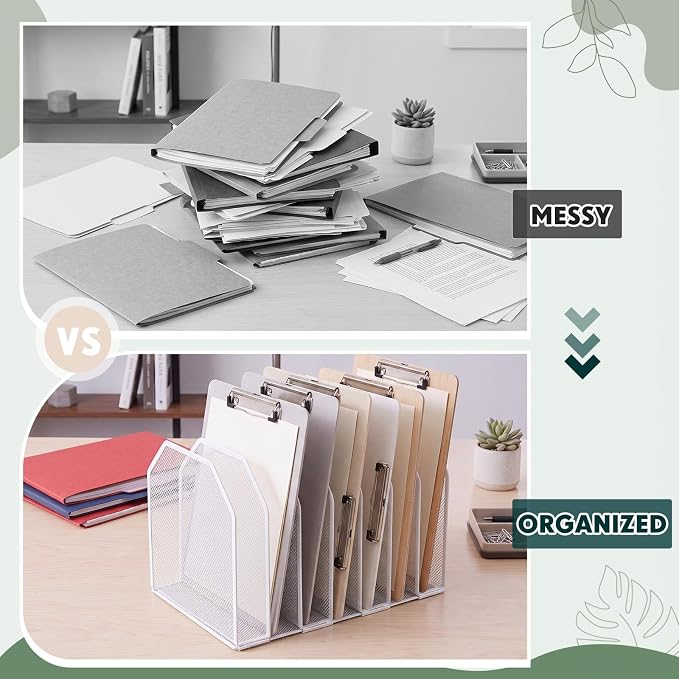 Sliner 1 Pcs 7 Slot Metal Clipboard Holder for Desk, File Organizer, White | Vertical Classroom Clipboard Holder, Mesh File Storage Rack, Wire Document Sorter for School Teacher Home Office Supplies - Image 6