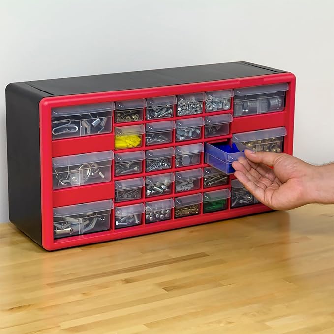 Akro-Mils 26-Drawer Plastic Drawer Storage Cabinet for Garage Organization, Bead Organizer, Building Bricks Storage, Teacher Toolbox, Makeup Organizer, 20-Inch W x 6-Inch D x 10-Inch H, 10126 Red - Image 10