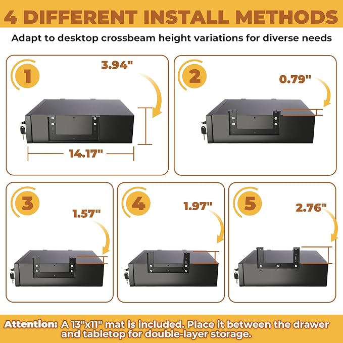 POPMOON 14 in Deep Under Desk Drawer Lockable, Pull Out Storage Organizer | Carbon Steel Under Table Drawer with Lock & Key, Adjustable Height Under Desk Drawer Slide Out Smooth Slide Rails,Hold 33 lbs - Image 5