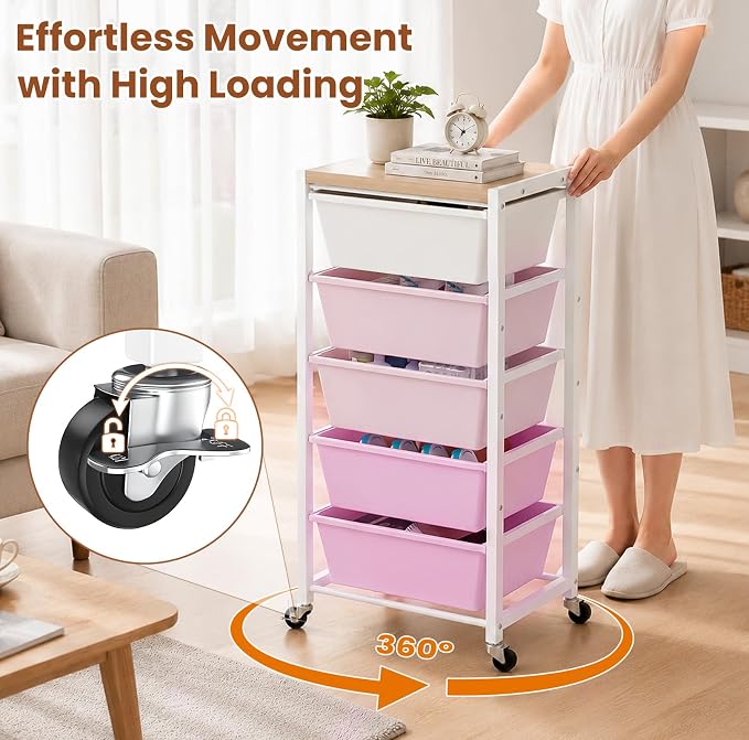 Rolling Cart with 5 Drawers, Plastic Drawer Storage Carts with Wheels & Wooden Tabletop, Metal Utility Cart for Office Bedroom Living Room Classroom, Craft Organization and Storage, Pink - Image 7