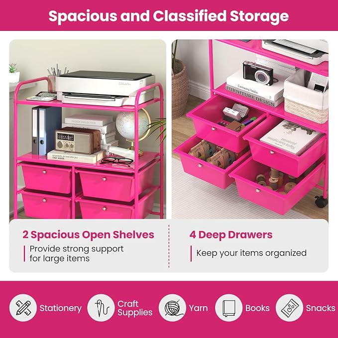 Moccha Rolling Storage Cart with 4 Drawers - Storage Drawers Organizer with wheels for Craft Art Supply Paper Salon, Scrapbook Paper Tools, Movable Utility Cart for Classroom School Studio, Hot Pink - Image 4