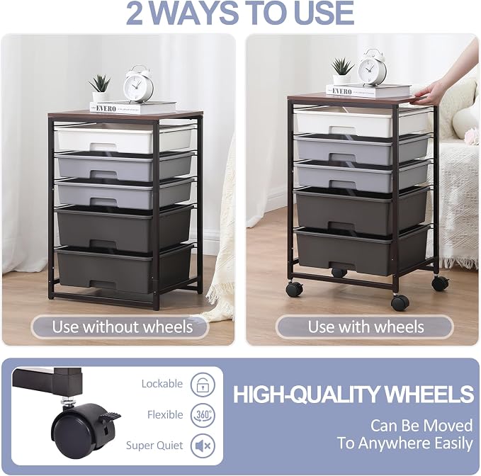SYKIARIOL Utility Cart with Drawers,5 Drawers Storage Cart,Dark Grey | 5-Tiers Storage Cart with Drawers with Lockable Wheels for Craft Organizers and Storage,Home Office,Classroom,Dorm,Playroom - Image 7