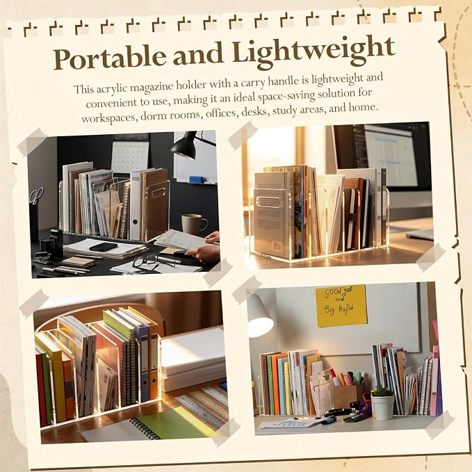 Didaey 2 Pcs Acrylic Magazine File Holder, 5 Vertical Compartments Desk Sorter Organizer Magazines Documents Books Accessories Clear Folder Rack Binder for Office Home (B5,5 Sections,Clear) - Image 6