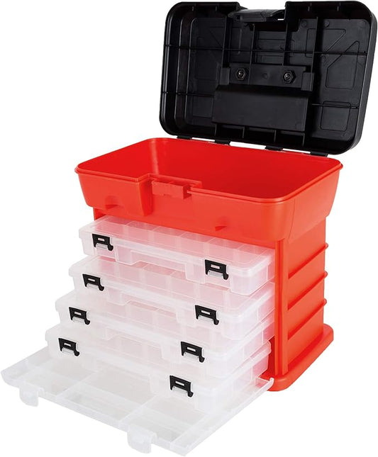 Small Parts Organizer Box - 11-Inch Portable Storage Case with 4 Removable Multi-Compartment Trays for Screws, Beads, Small Fishing Tackle, Hardware, and Craft Supplies by Stalwart (Red) by Stalwart