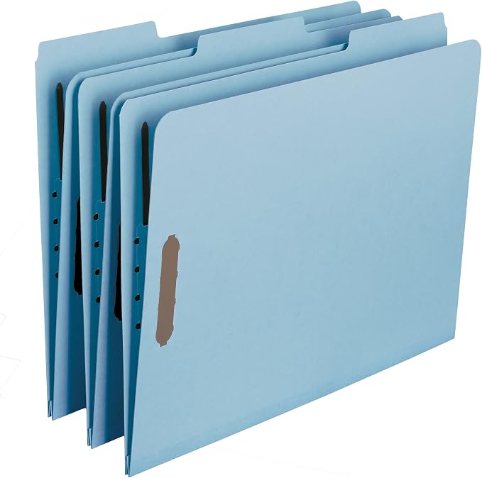 Smead 100% Recycled Pressboard Fastener File Folder, 2 Fasteners, 1/3-Cut Tab, 2" Expansion, Legal Size, Blue, 25 per Box (20001) by SMEAD