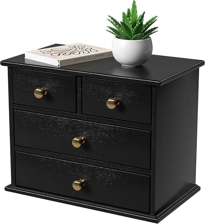 Oak Desk Organizer with Drawers, Durable Wooden Desktop Storage Box | 4 Drawer Tabletop Organizer with Metal Handles & Non-Slip Pads for Office, Bedroom, Bathroom, Vanity & Makeup Storage, Black by JNFUZ