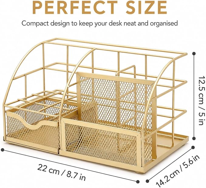Exerz Desk Organizer Metal Mesh 7 Compartments Office Tidy Caddy Gold | Compact Gold Metal Mesh Design with Drawer and Multi Size Sections for Pens Notes Papers and Home Office Items - Image 2