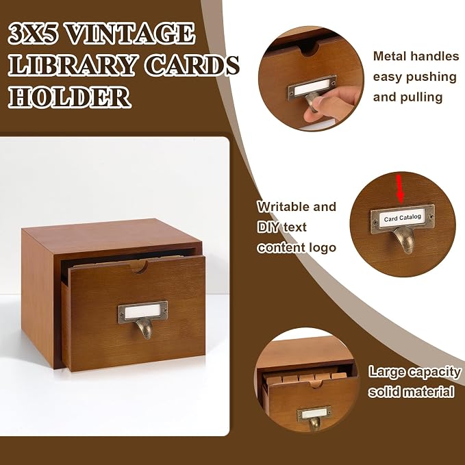 3x5 Index Cards Holder Wood Index Card Organizer Box Flash Card Holder Recipe Cards Holder with Drawer 30 Pcs Vintage Library Cards 5 Kraft Dividers For Gifts Cards Home Office - Image 3
