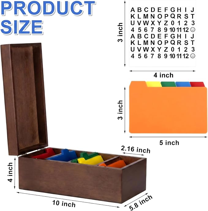 3 x 5 Inch Index Card Holder Set, Bamboo Index Cards Organizer, 50 Pcs Dividers 2 Sheets Alphabet Number Stickers File Note Holders for Office Business Classroom, Brown - Image 2