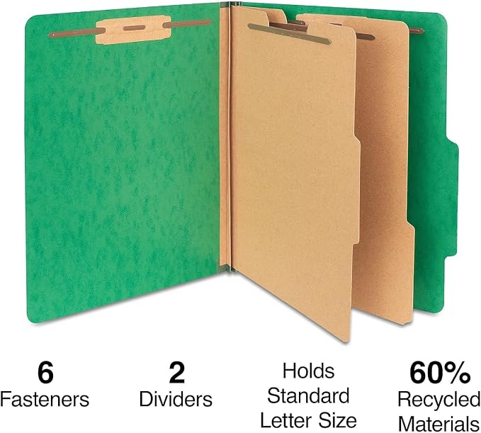 Staples Moisture‑Resistant Classification Folder, Letter Size, 2 Partitions, Green Pressboard, Durable Construction, 10/Pack - Image 2