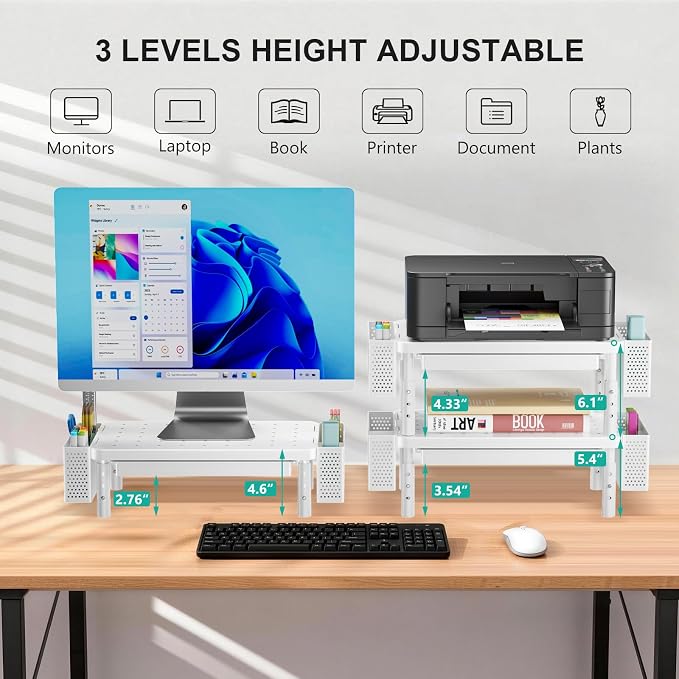 WALI Computer Monitor Stand with Storage, Desk Organizer with Drawer and Pen Holder, Desk Monitor Riser 3 Height Adjustable, Laptop Riser for Computer, Laptop, Printer(PTT003-W), 1 Pack, White - Image 2