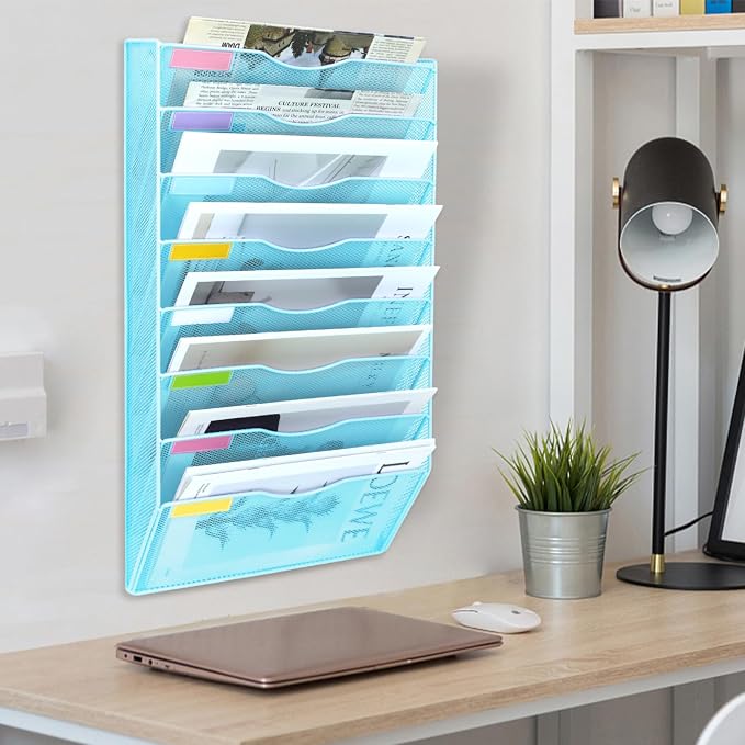 8 Pockets Mesh Wall File Holder Organizer Office Hanging File Folder Magazine Rack, Nametag Label Hooks Set Included (Blue) - Image 7