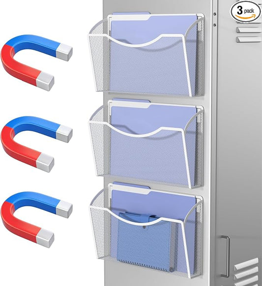MINDEPOT Magnetic Wall File Organizer, Hanging File Holder, 3 Pack, White | Heavy Duty Iron, Powerful Magnet, Metal Mesh Wall Mount, Single Pocket, for Office School Classroom Home, Letter A4 Size by MINDEPOT