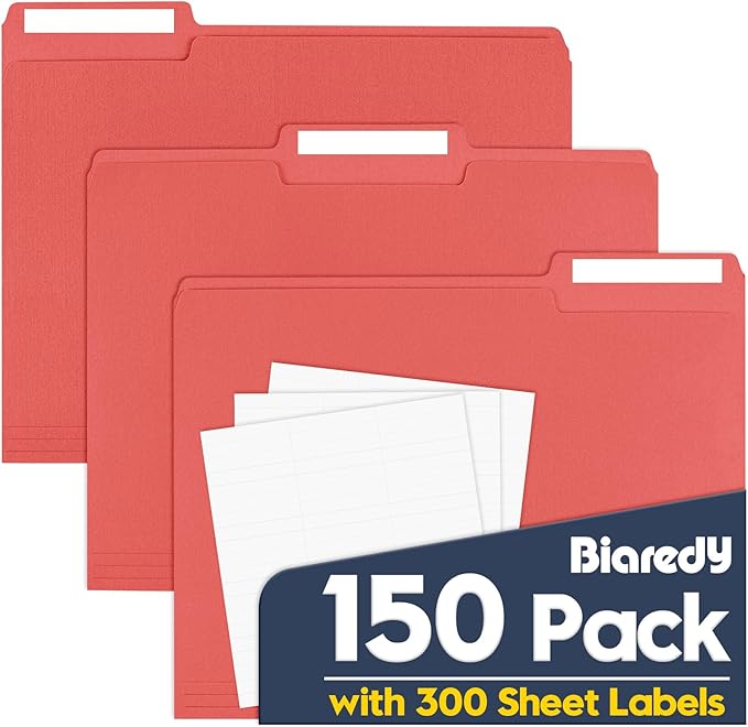 File Folders,150 Pack Colored File Folders Letter Size,8.5" x 11",1/3 Cut Tab Folder,Durable Paper Bulk File Folders with Blank Labels for Office Business School Home Use,Dark Red by Unknown