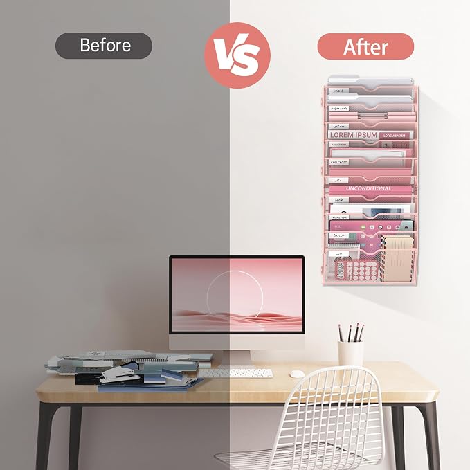 10-Tier Wall File Organizer and Hanging File Organizer, Pink | Wall Organizer and Wall Mounted File Holder with 10 Pockets and Label Panels for Files, Mail, Folders, Magazines and Paper - Image 7