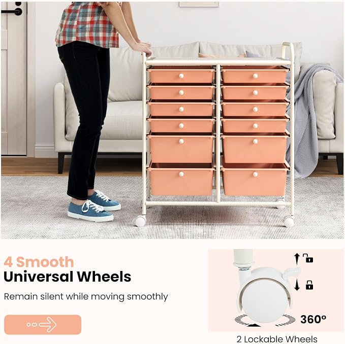 Moccha 12-Drawer Rolling Storage Cart - Utility Cart on Wheels with Lockable Casters for Craft Art Supply Paper Salon, Mobile Drawer Carts for Classroom Teacher School Office (Peach) - Image 5