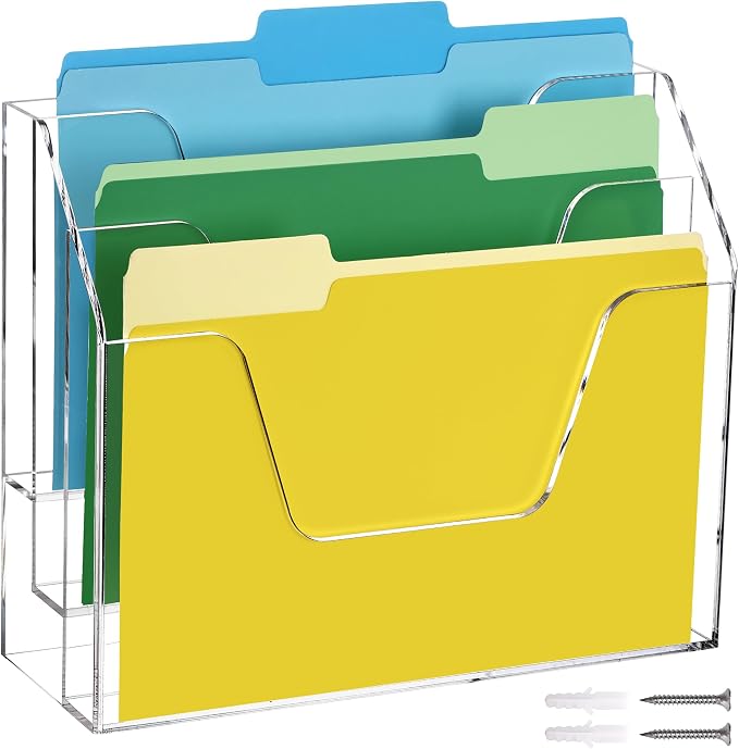 DINGHUO Acrylic Hanging Wall File Folder Organizer for Desk, Clear 3 Tier Document Paper Magazine Holder for Home, Office Organization, School - 1 Pack by DINGHUO