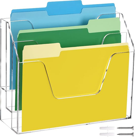 DINGHUO Acrylic Hanging Wall File Folder Organizer for Desk, Clear 3 Tier Document Paper Magazine Holder for Home, Office Organization, School - 1 Pack by DINGHUO