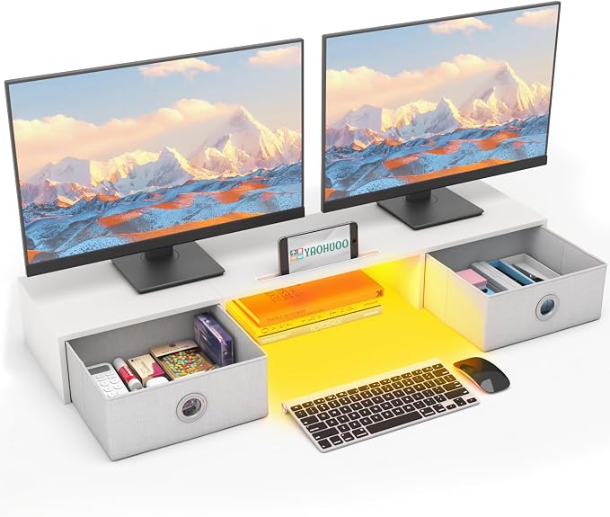 YAOHUOO Dual Monitor Stand with LED Light 2 Drawers, Computer Monitor Riser for 2 Monitors, Large Desktop Organzier with Storage for PC/Laptop/Computer/TV Screen/Printer by YAOHUOO